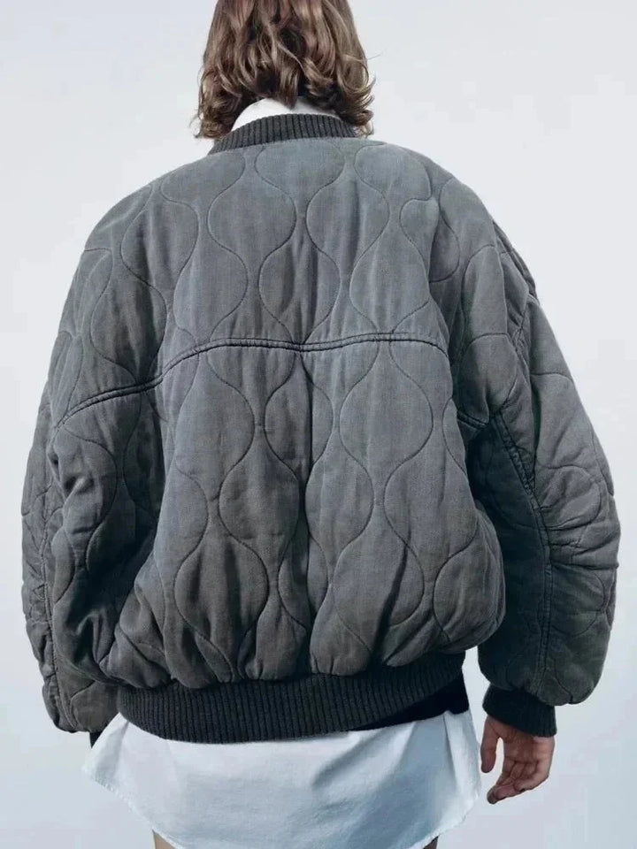 Oversized Quilted Women's Bomber Jacket with Snap Buttons