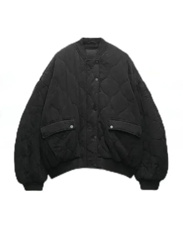 Oversized Quilted Women's Bomber Jacket with Snap Buttons