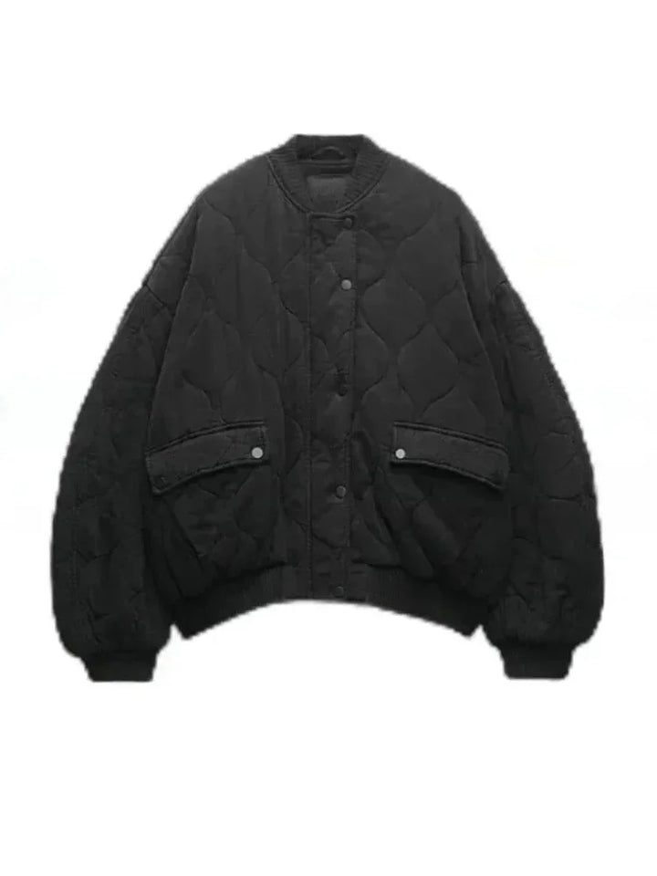 Oversized Quilted Women's Bomber Jacket with Snap Buttons