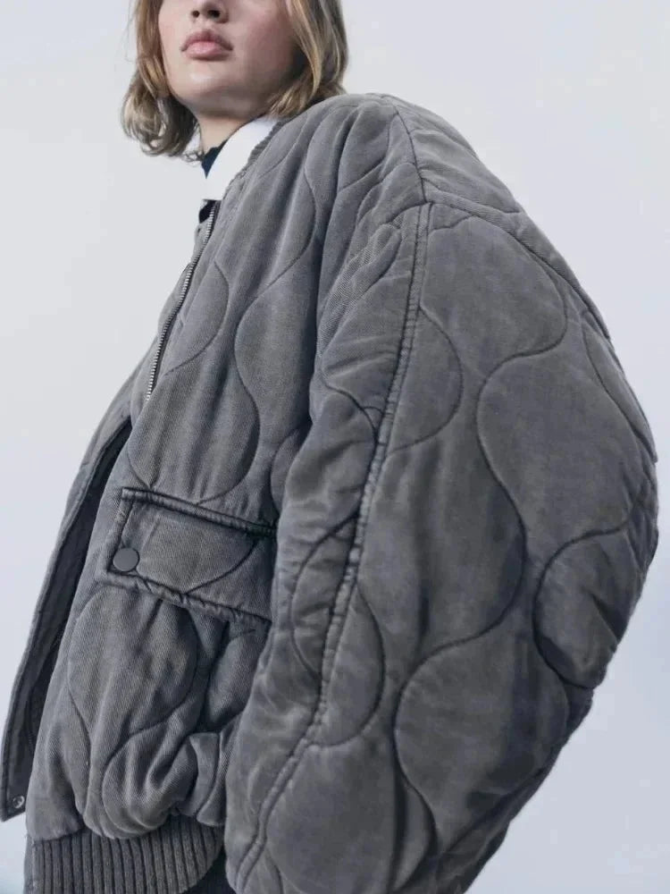 Oversized Quilted Women's Bomber Jacket with Snap Buttons