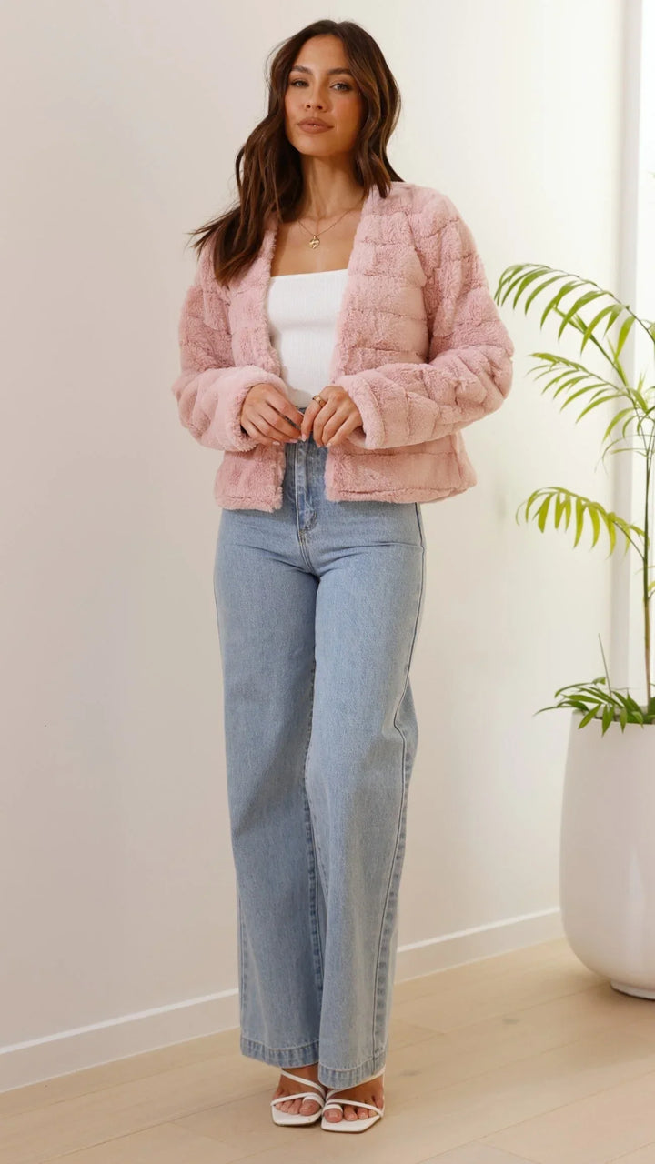 Short Women's Faux Fur Jacket with Open Collar
