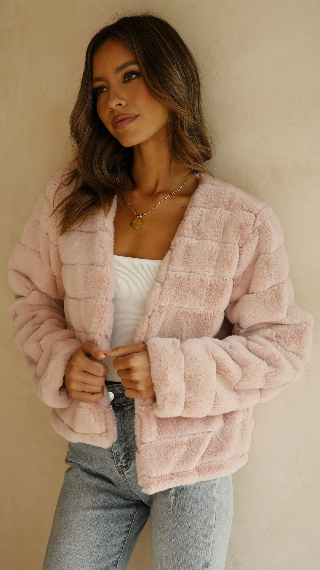 Short Women's Faux Fur Jacket with Open Collar