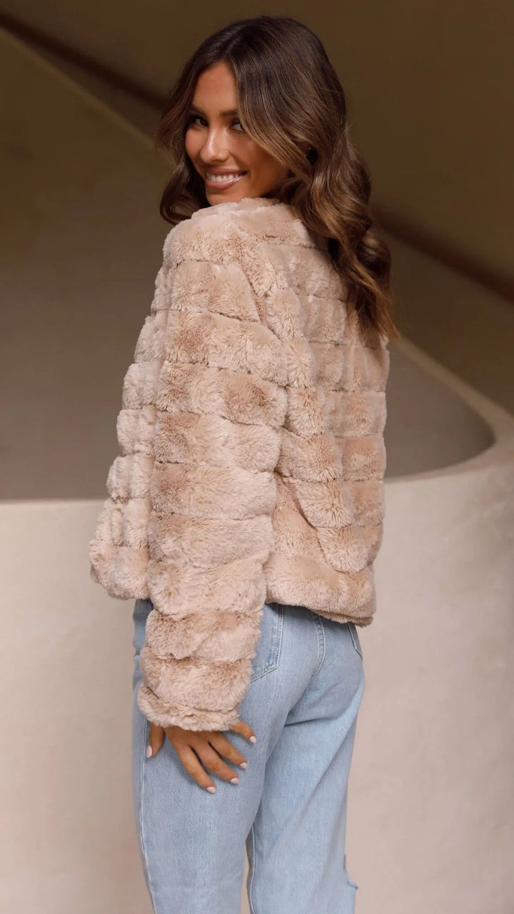 Short Women's Faux Fur Jacket with Open Collar