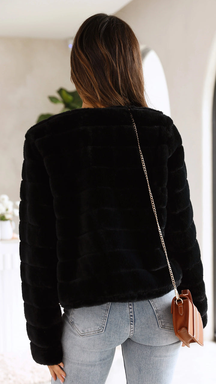 Short Women's Faux Fur Jacket with Open Collar