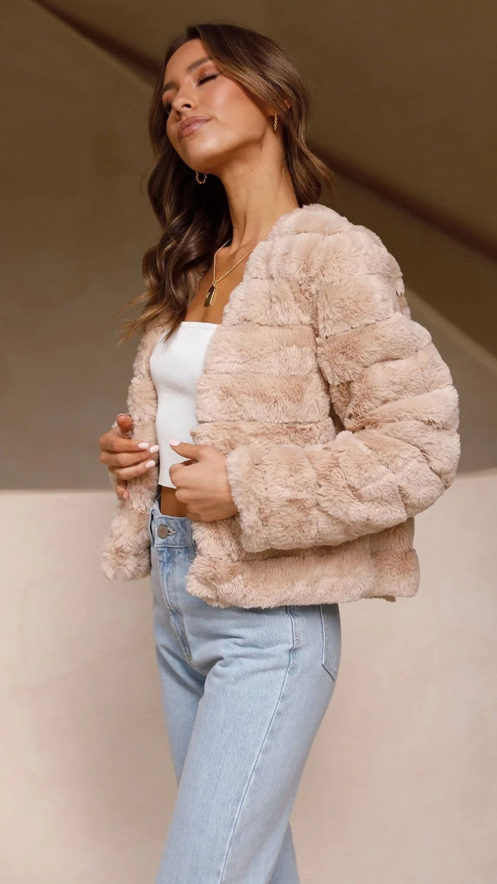 Short Women's Faux Fur Jacket with Open Collar