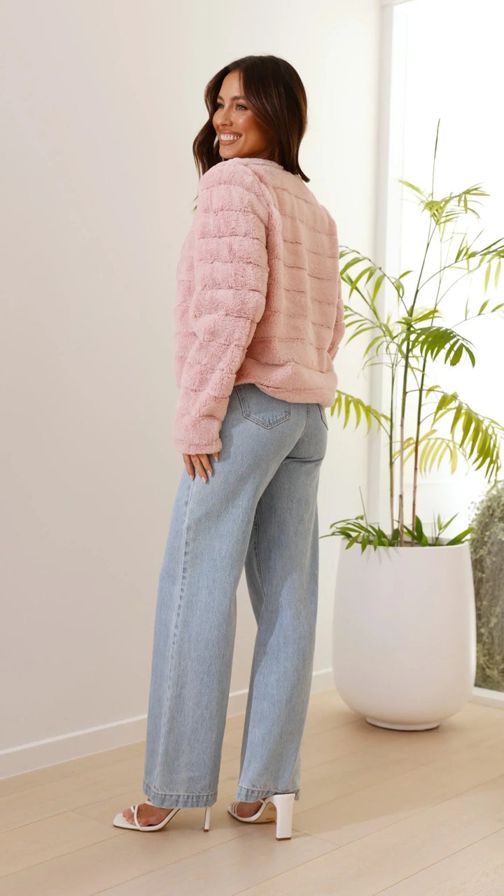 Short Women's Faux Fur Jacket with Open Collar