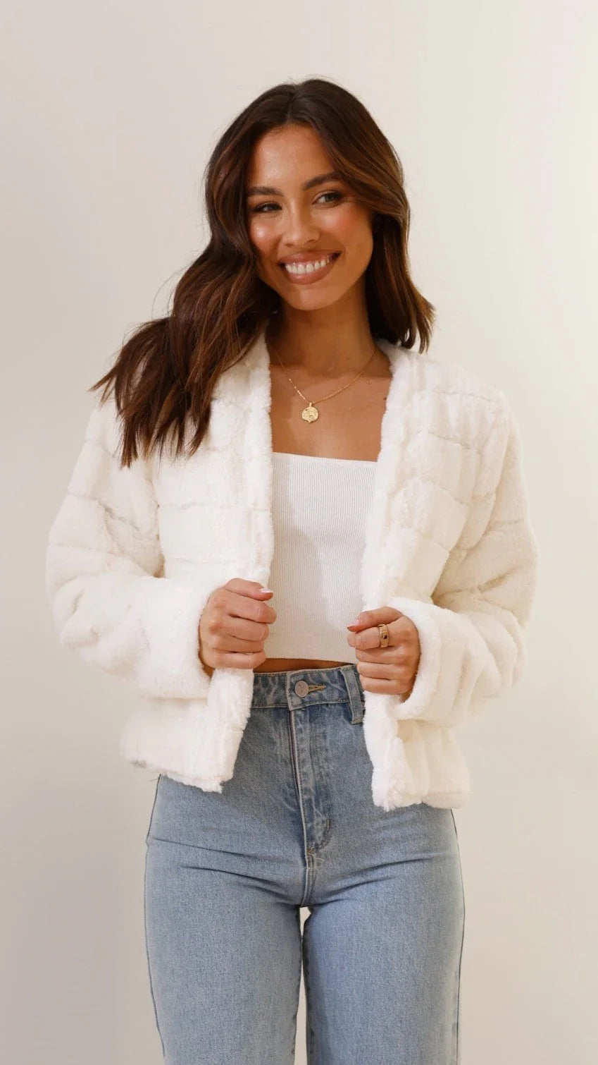 Short Women's Faux Fur Jacket with Open Collar
