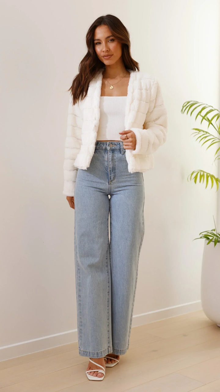 Short Women's Faux Fur Jacket with Open Collar