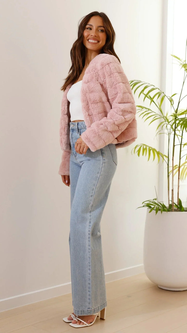 Short Women's Faux Fur Jacket with Open Collar