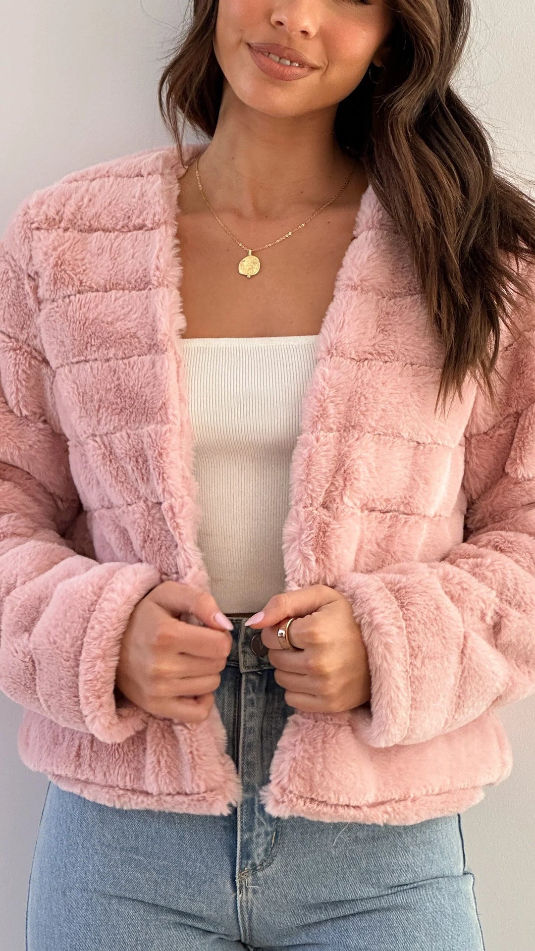 Short Women's Faux Fur Jacket with Open Collar