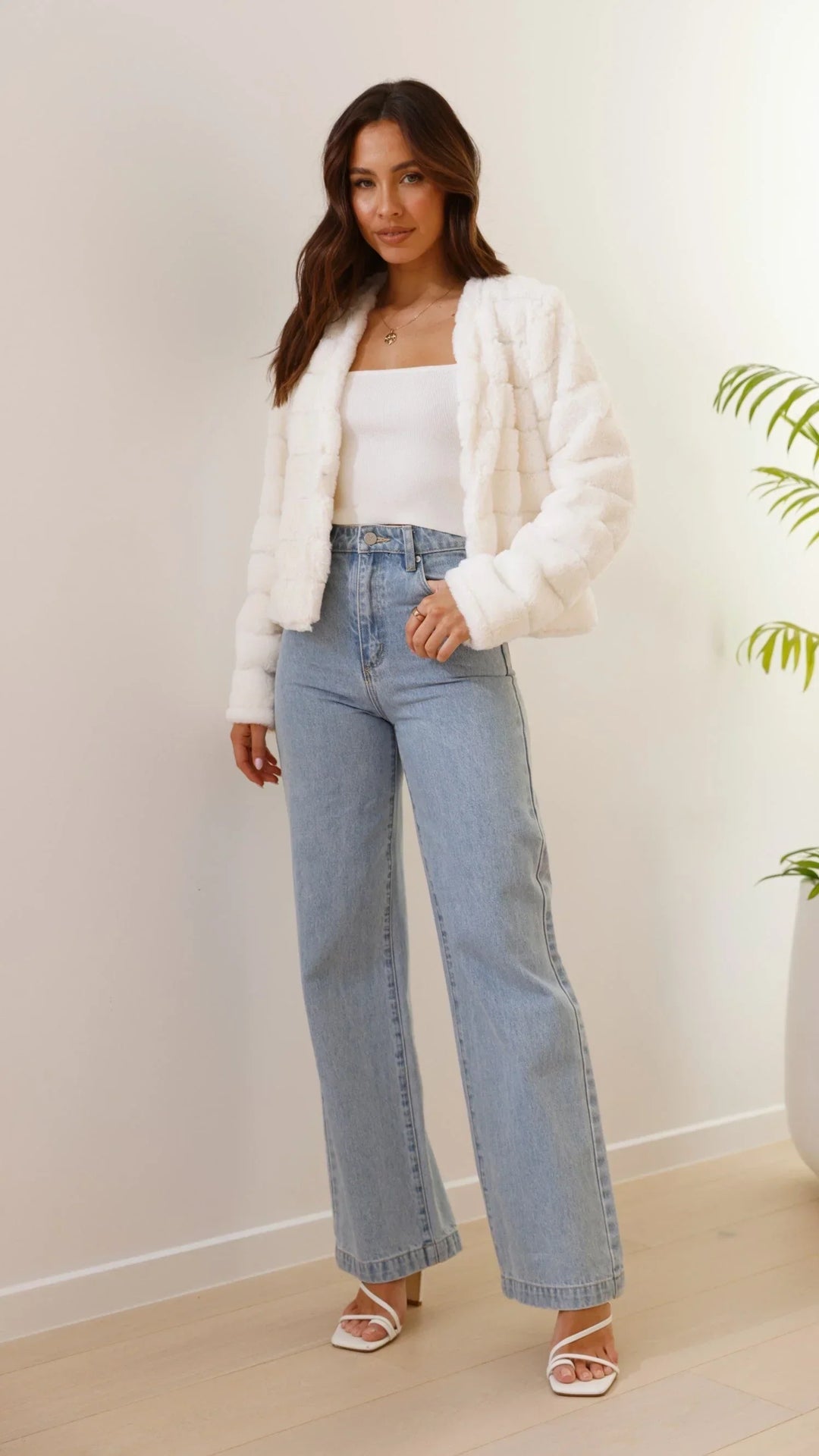 Short Women's Faux Fur Jacket with Open Collar