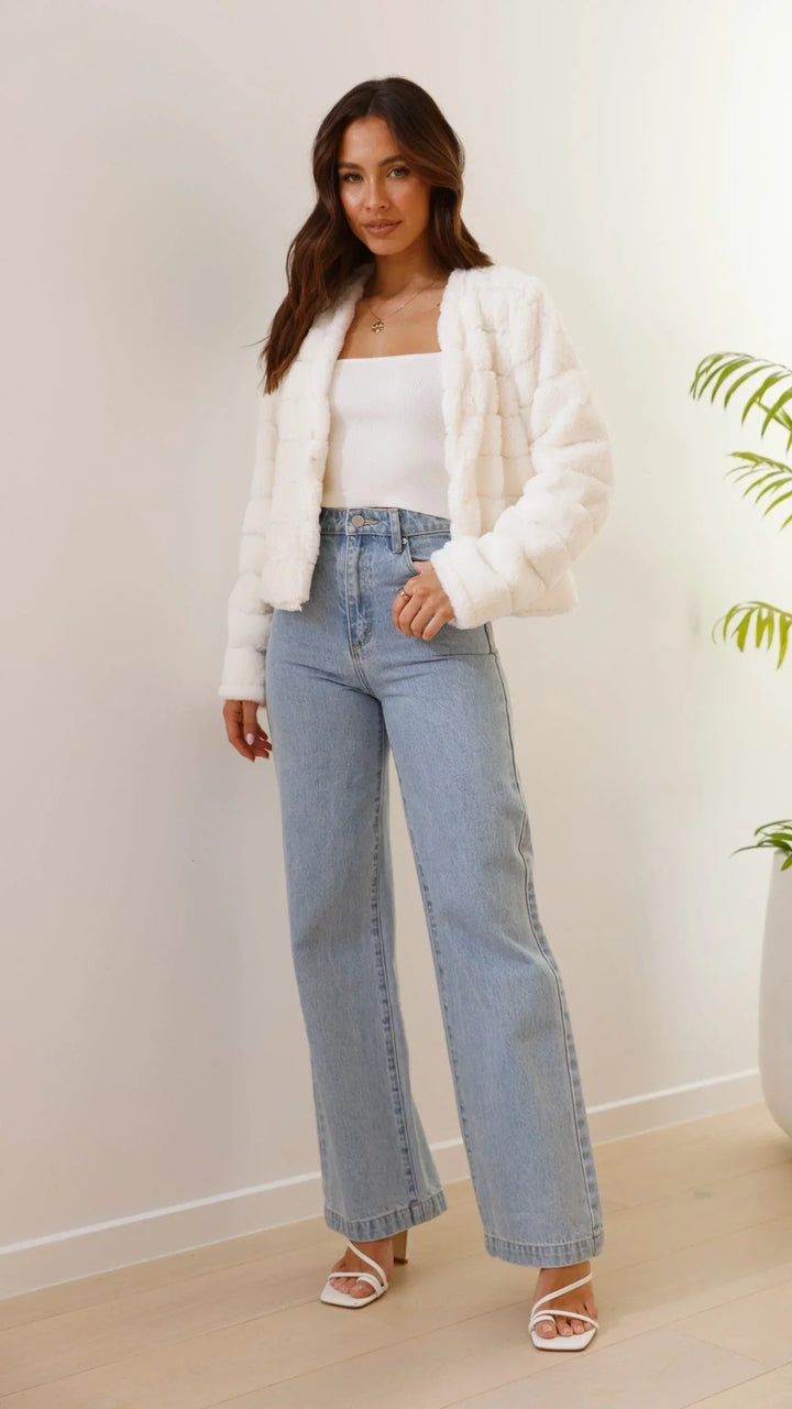 Short Women's Faux Fur Jacket with Open Collar