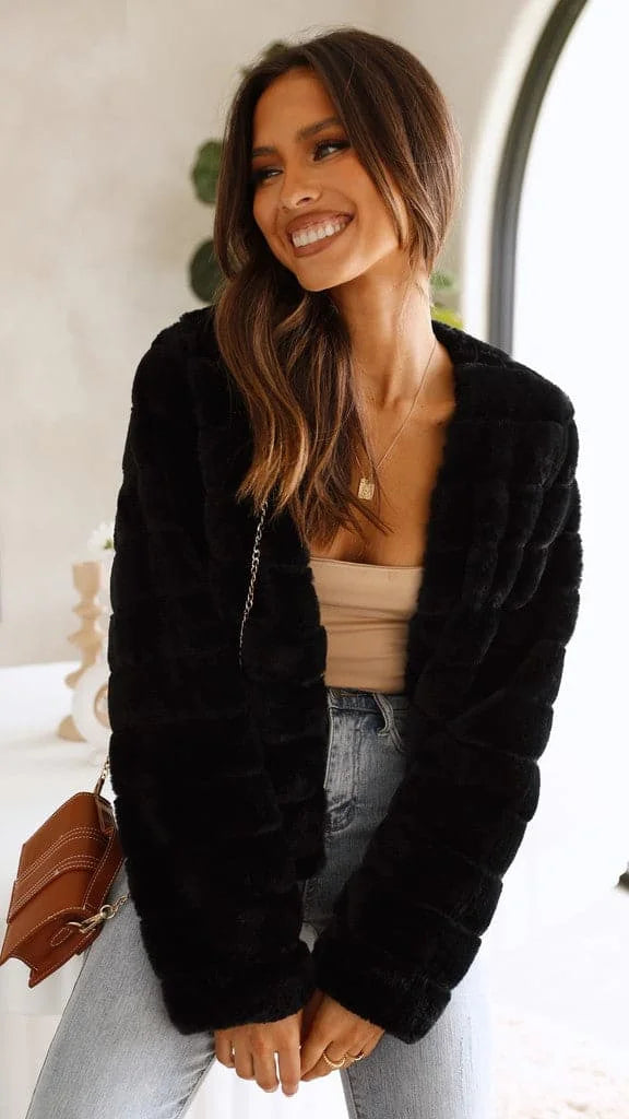 Short Women's Faux Fur Jacket with Open Collar