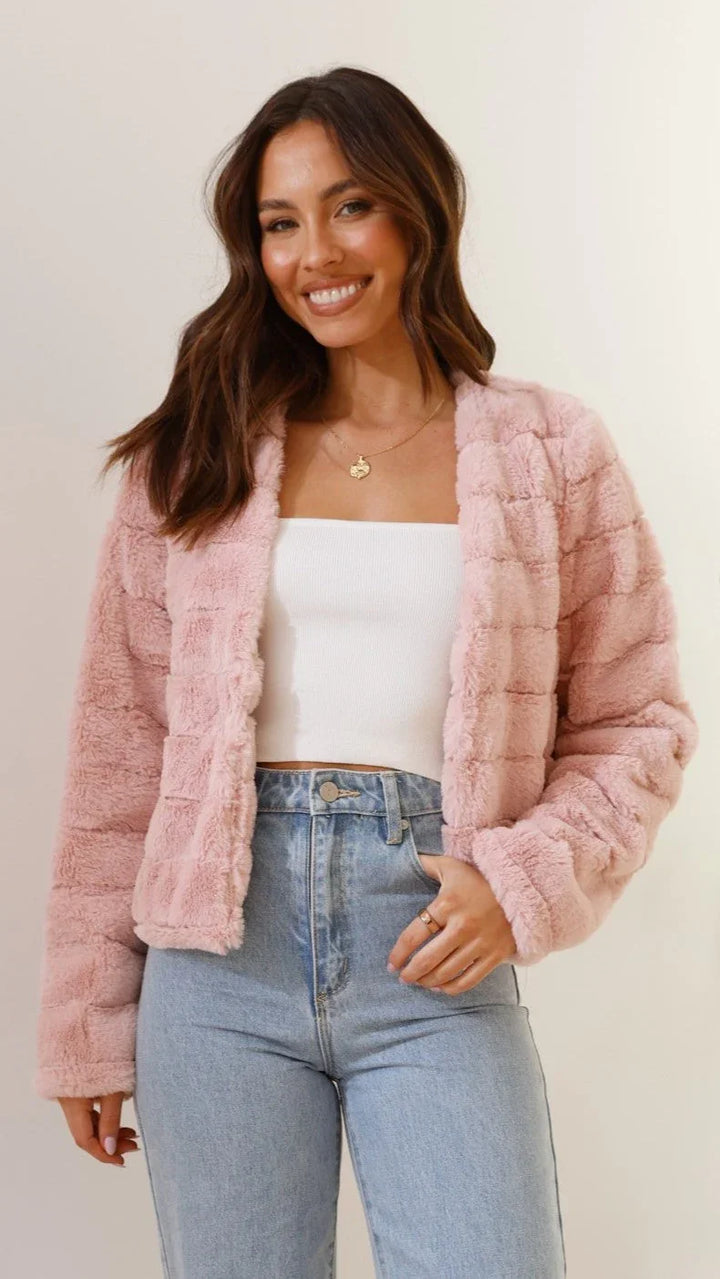 Short Women's Faux Fur Jacket with Open Collar