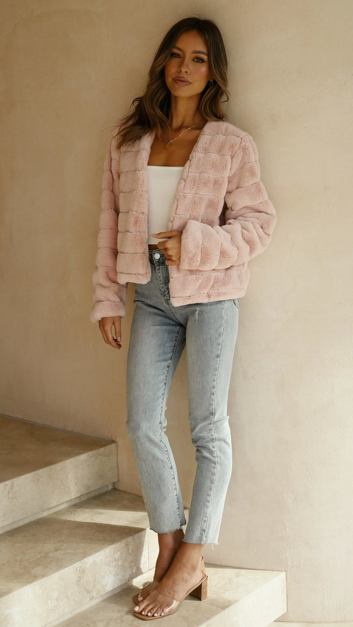Short Women's Faux Fur Jacket with Open Collar