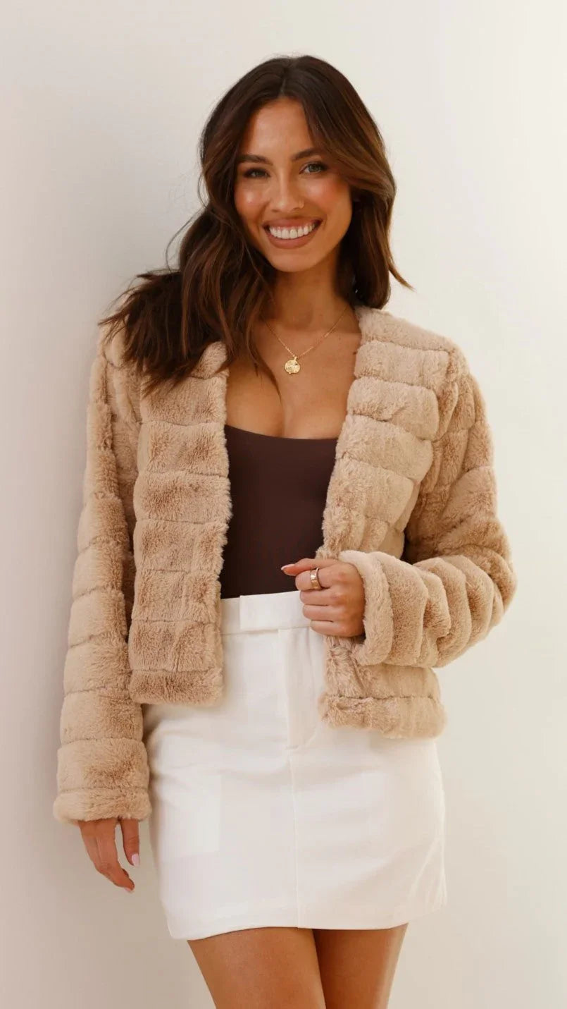 Short Women's Faux Fur Jacket with Open Collar