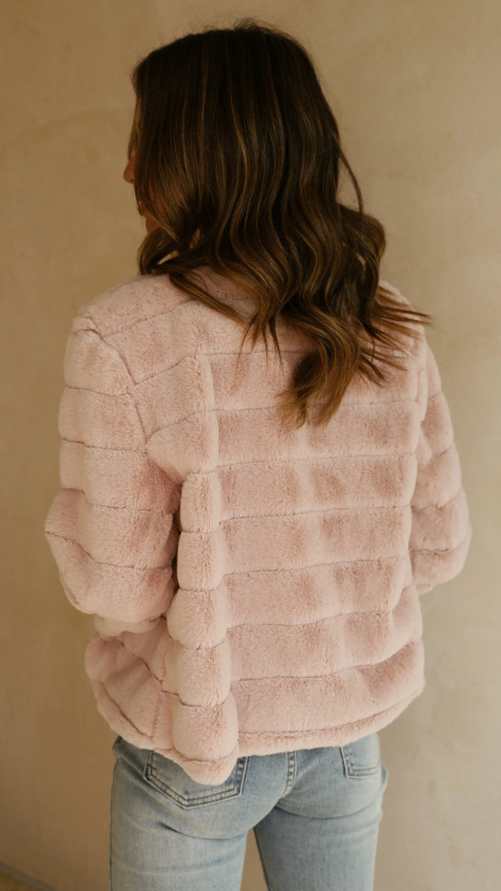 Short Women's Faux Fur Jacket with Open Collar