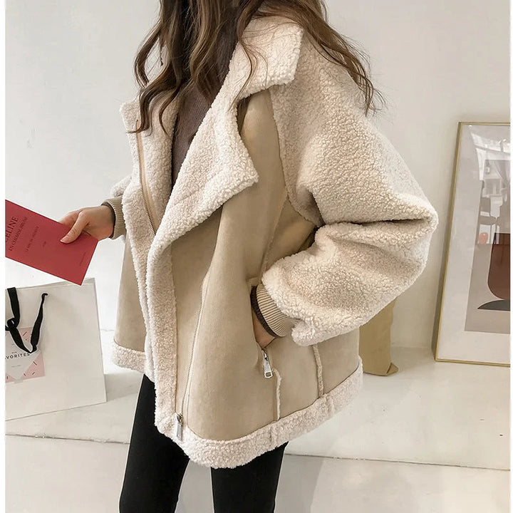 Women's Synthetic Fur Jacket with Wide Collar