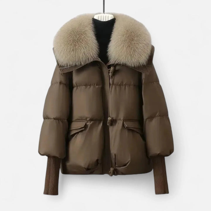 Women's jacket with faux fur collar and ribbed sleeves