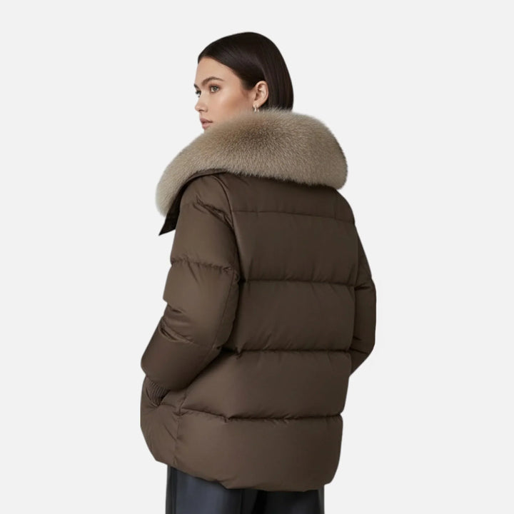 Women's jacket with faux fur collar and ribbed sleeves