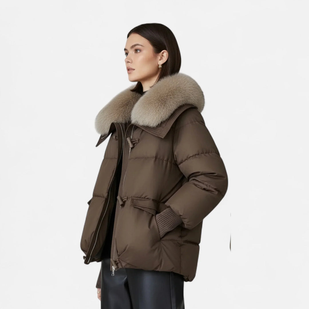 Women's jacket with faux fur collar and ribbed sleeves