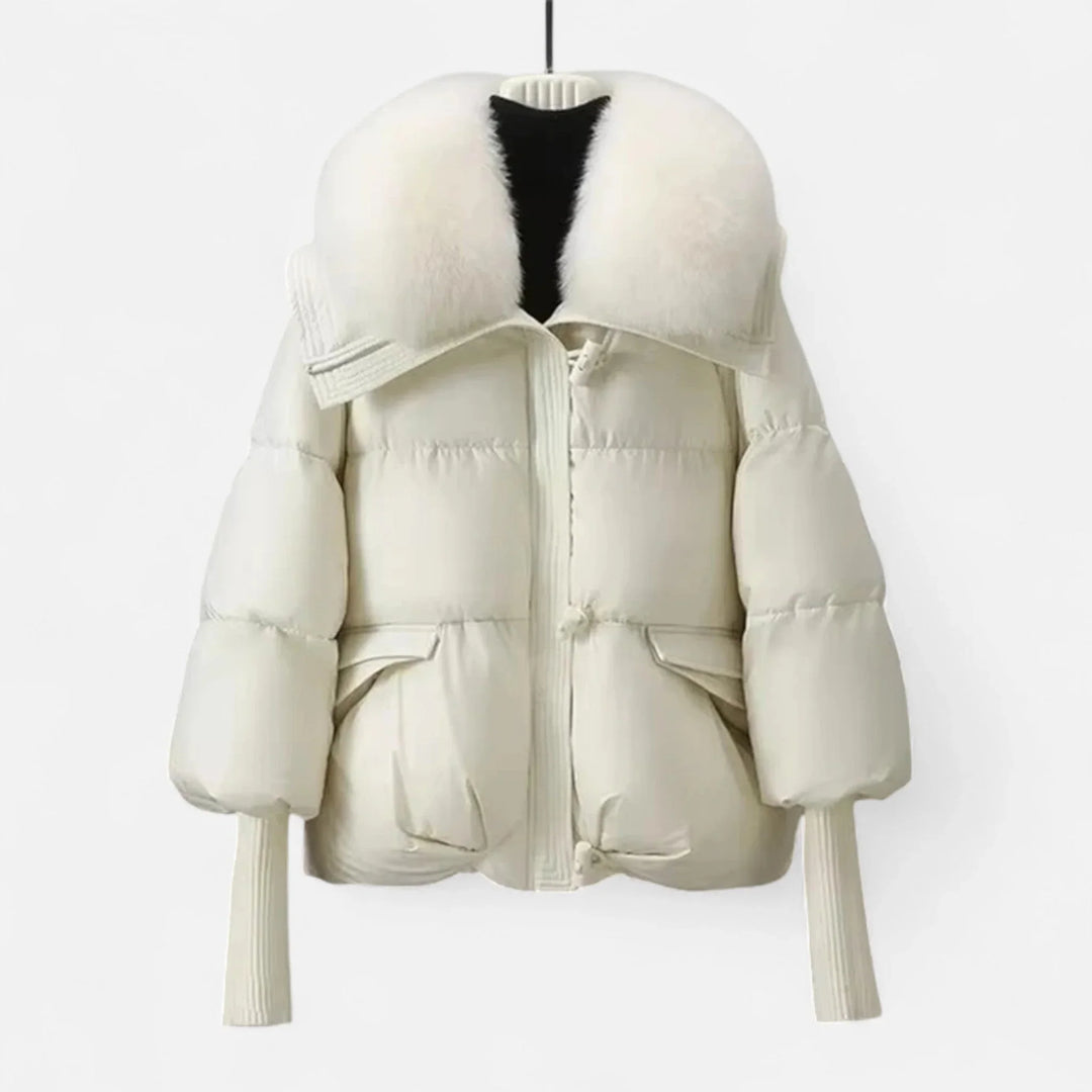 Women's jacket with faux fur collar and ribbed sleeves