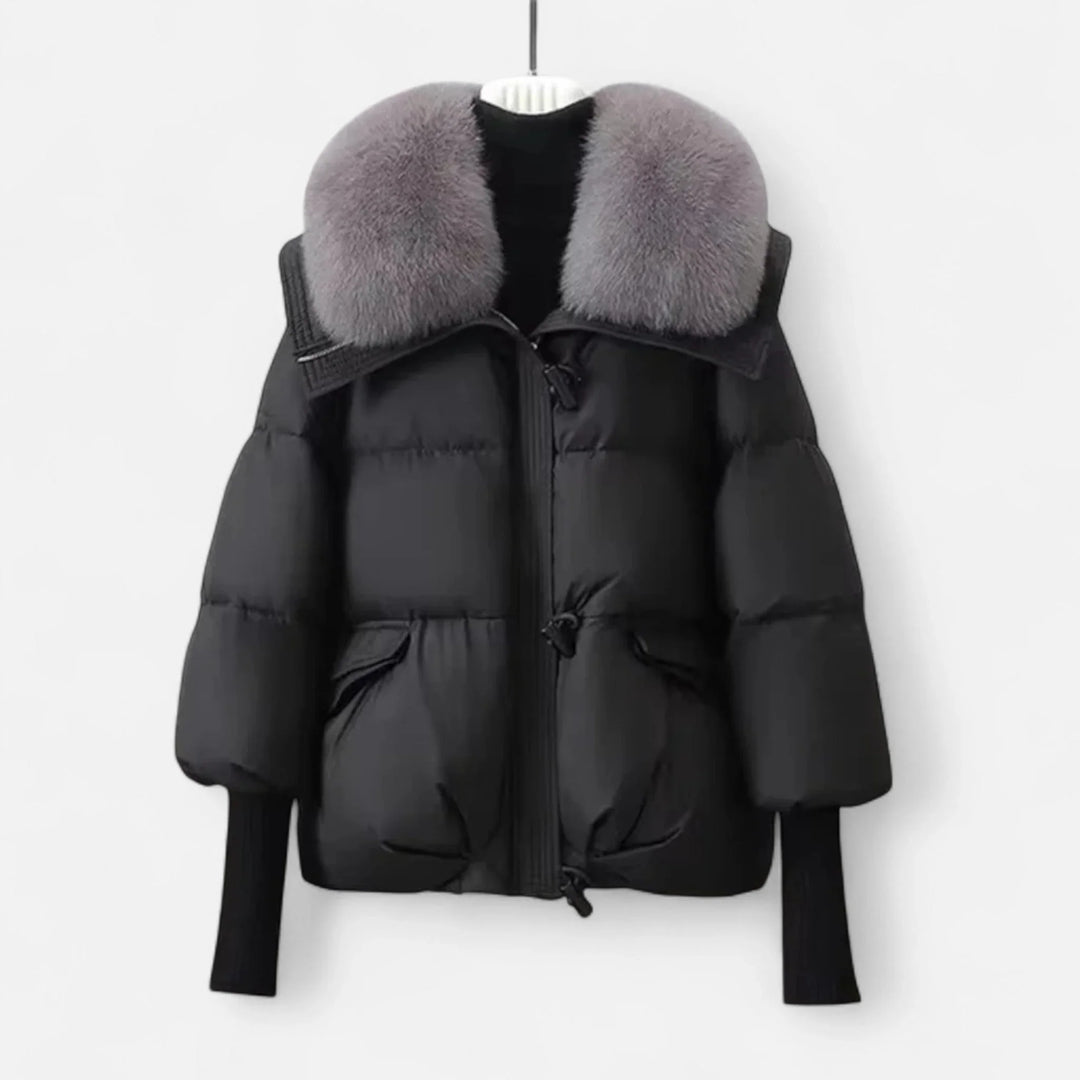 Women's jacket with faux fur collar and ribbed sleeves