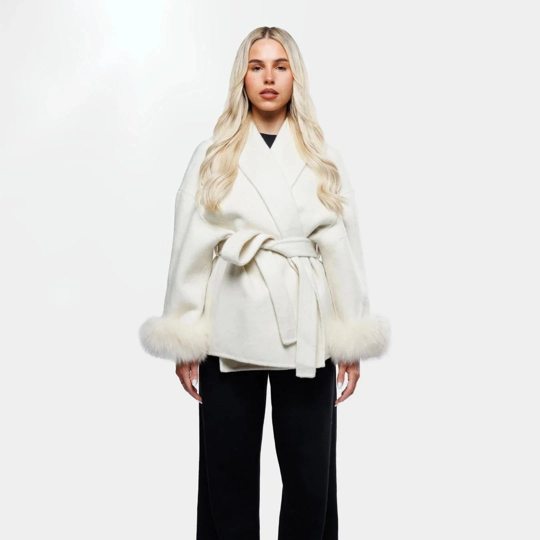 White belted women's jacket with synthetic fur sleeves