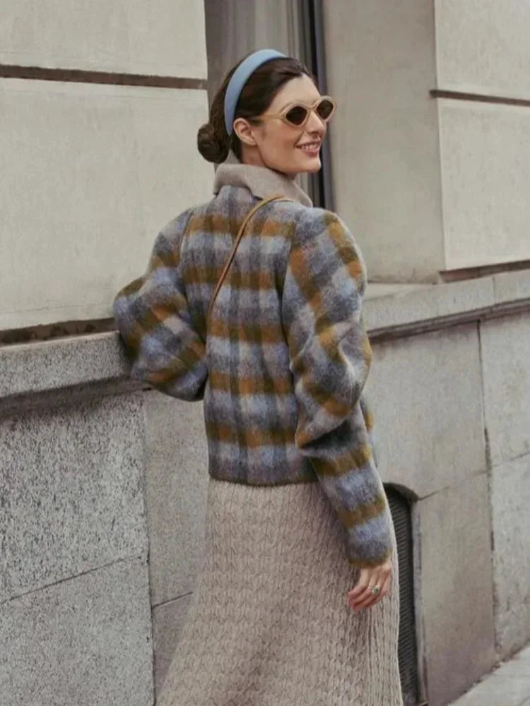 Women's Checkered Jacket with Gray Puff Sleeves