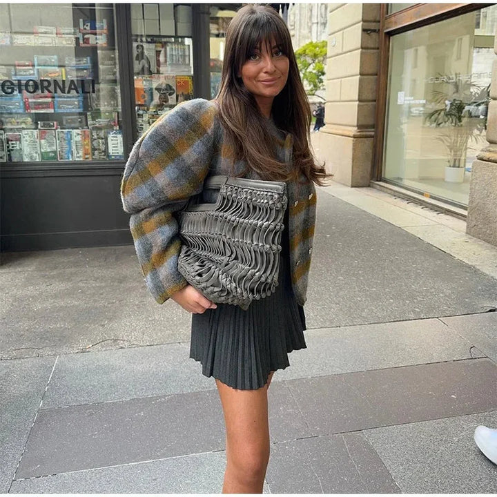 Women's Checkered Jacket with Gray Puff Sleeves