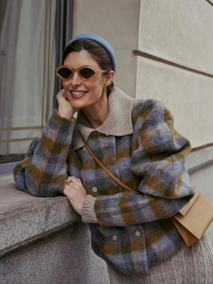 Women's Checkered Jacket with Gray Puff Sleeves