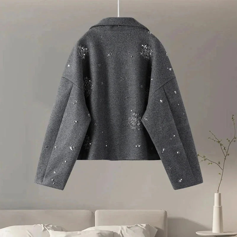 Women's Gray High Collar Jacket with Embroidery and Batwing Sleeves