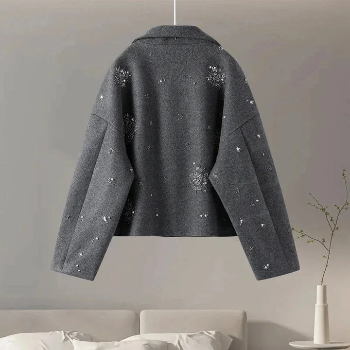 Women's Gray High Collar Jacket with Embroidery and Batwing Sleeves