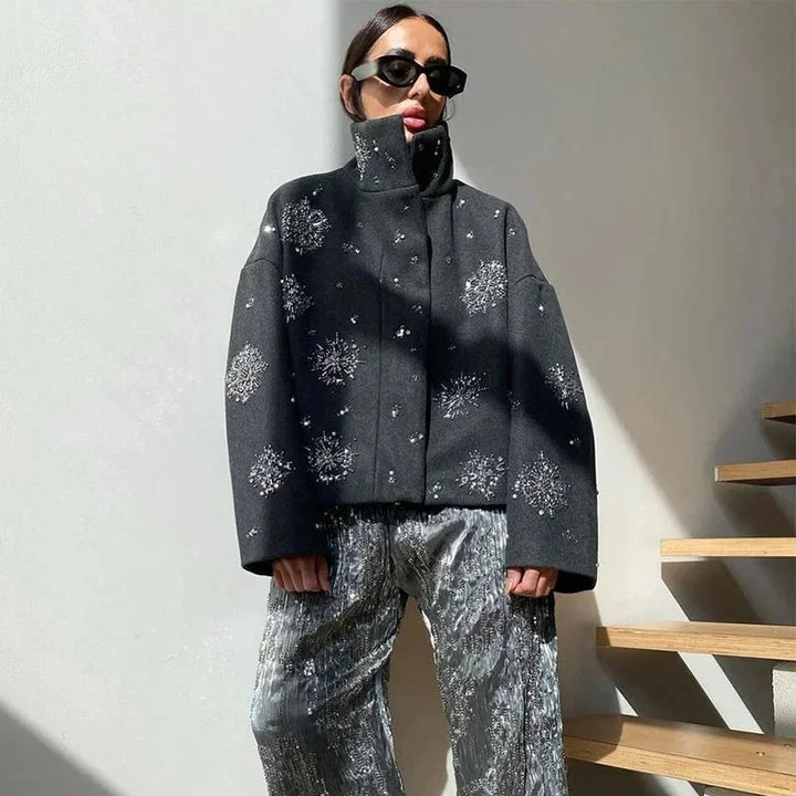 Women's Gray High Collar Jacket with Embroidery and Batwing Sleeves