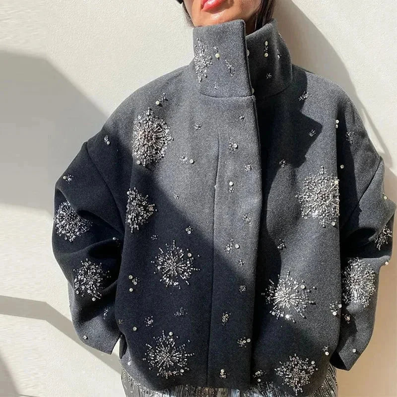 Women's Gray High Collar Jacket with Embroidery and Batwing Sleeves