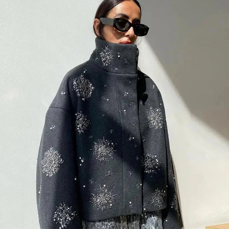Women's Gray High Collar Jacket with Embroidery and Batwing Sleeves