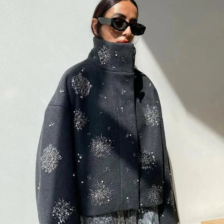Women's Gray High Collar Jacket with Embroidery and Batwing Sleeves