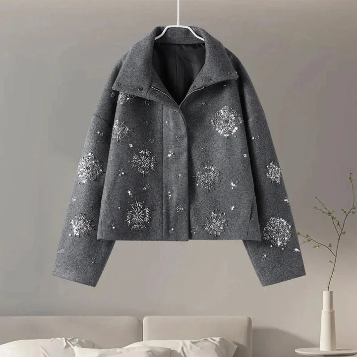 Women's Gray High Collar Jacket with Embroidery and Batwing Sleeves
