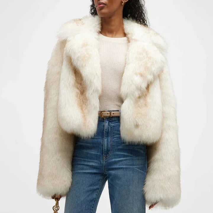 Ivory Faux Fur Women's Jacket with Wide Collar