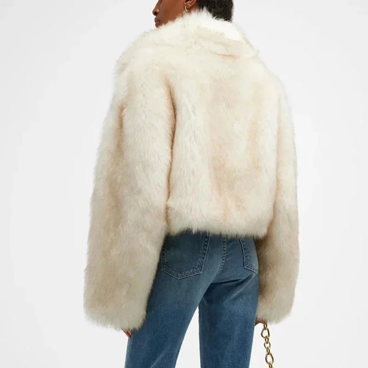 Ivory Faux Fur Women's Jacket with Wide Collar