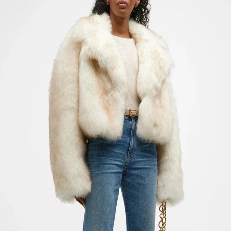 Ivory Faux Fur Women's Jacket with Wide Collar