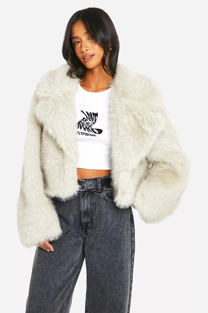 Ivory Faux Fur Women's Jacket with Wide Collar