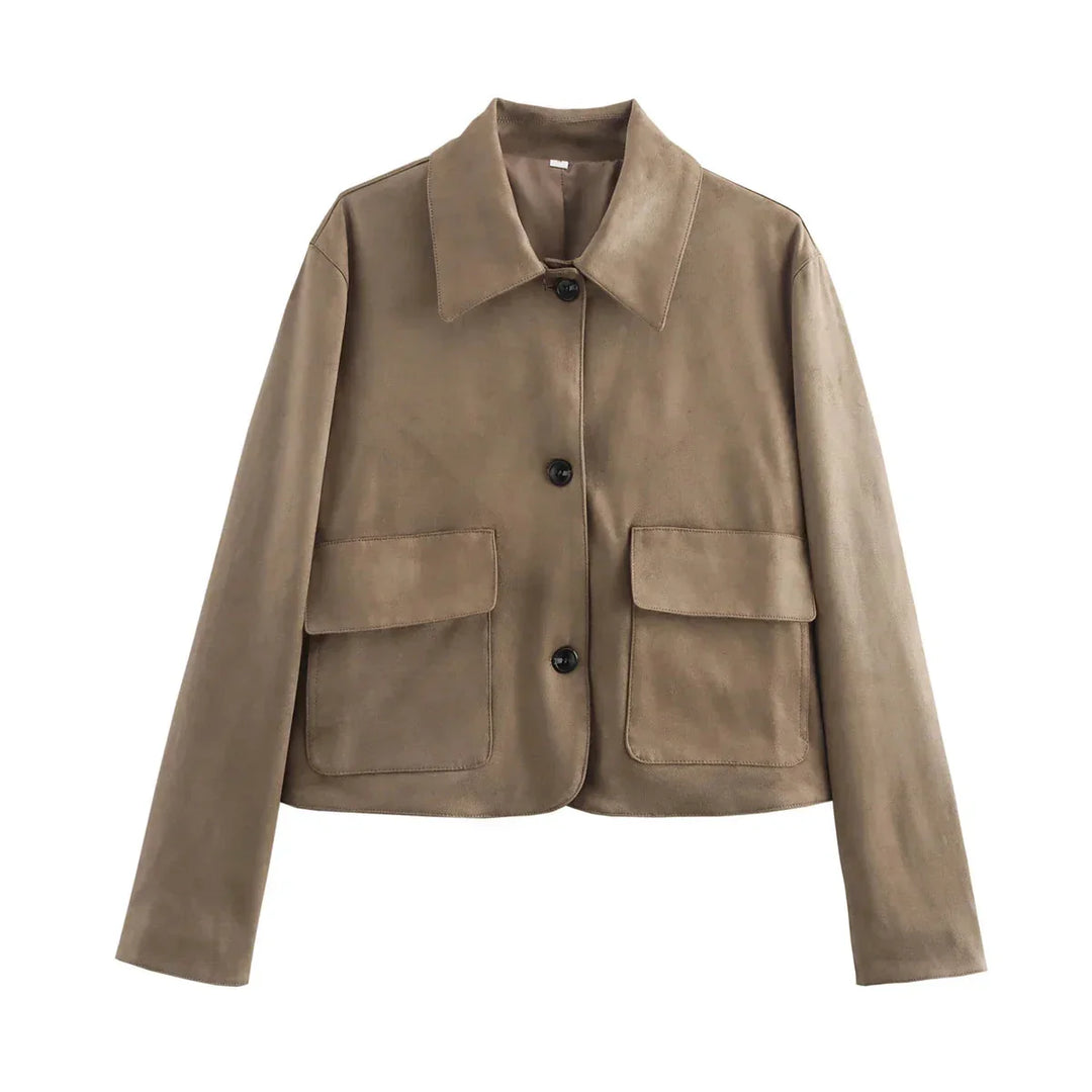 Chic brown women's jacket with buttons and classic collar