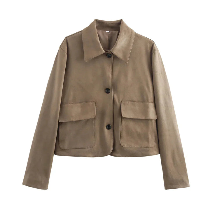 Chic brown women's jacket with buttons and classic collar
