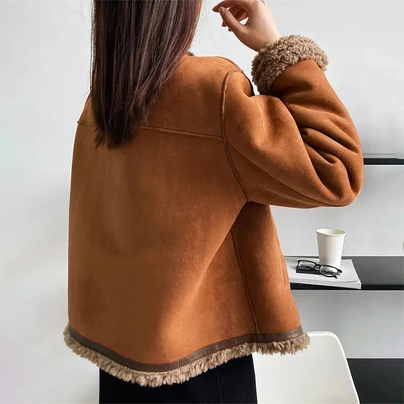 Brown Suede Jacket for Women with Front Buttons