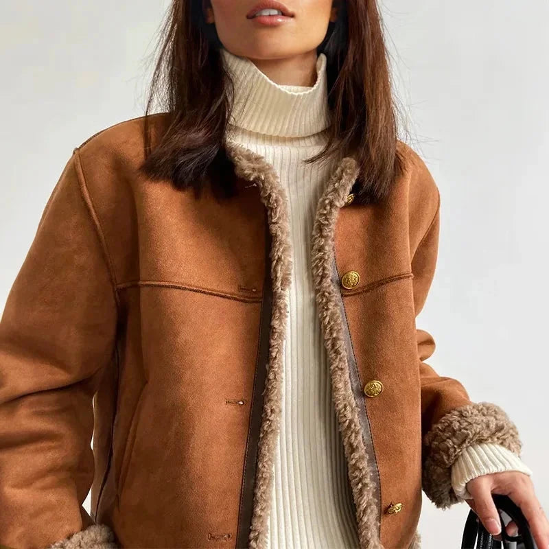 Brown Suede Jacket for Women with Front Buttons