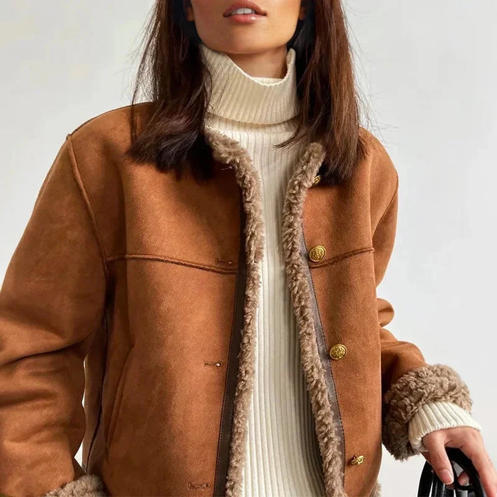 Brown Suede Jacket for Women with Front Buttons