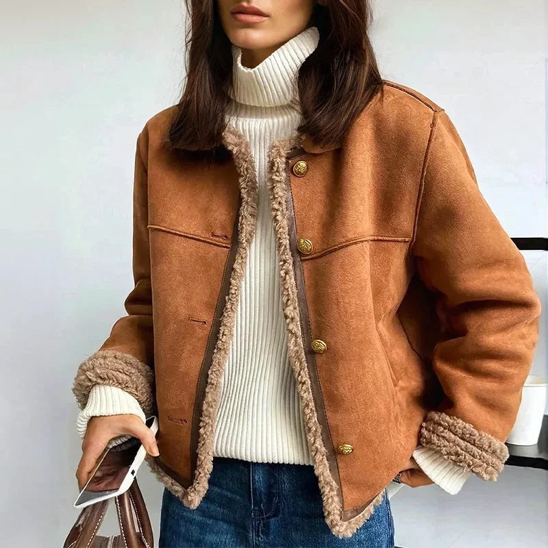 Brown Suede Jacket for Women with Front Buttons