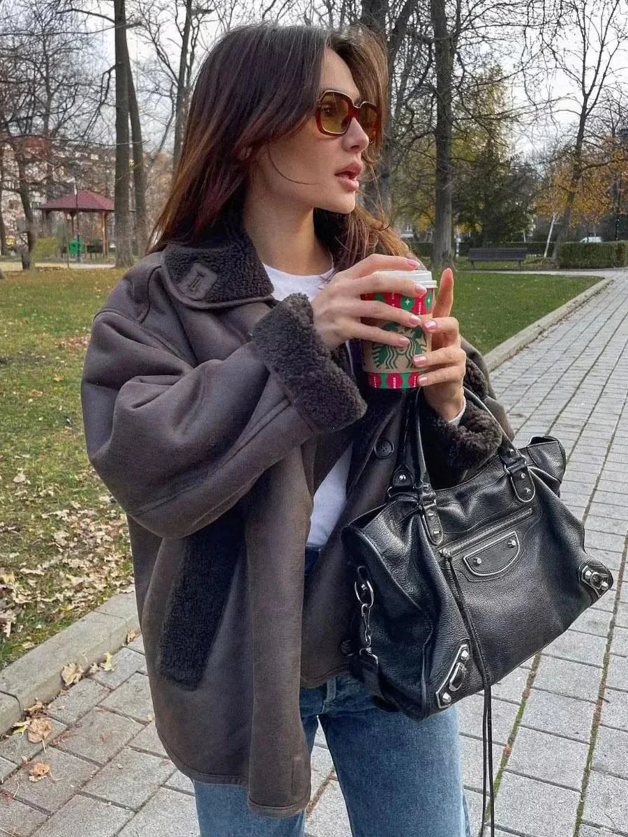 Dark brown women's jacket with shearling effect