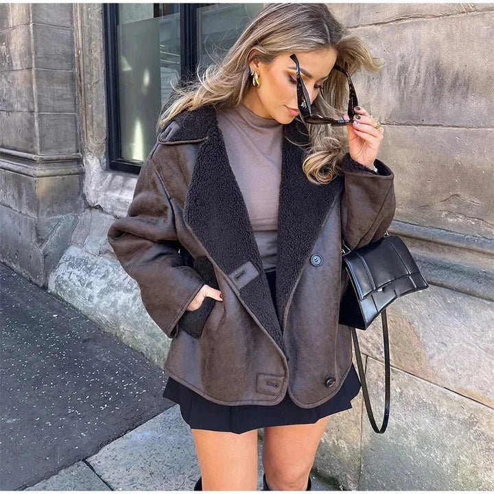 Dark brown women's jacket with shearling effect